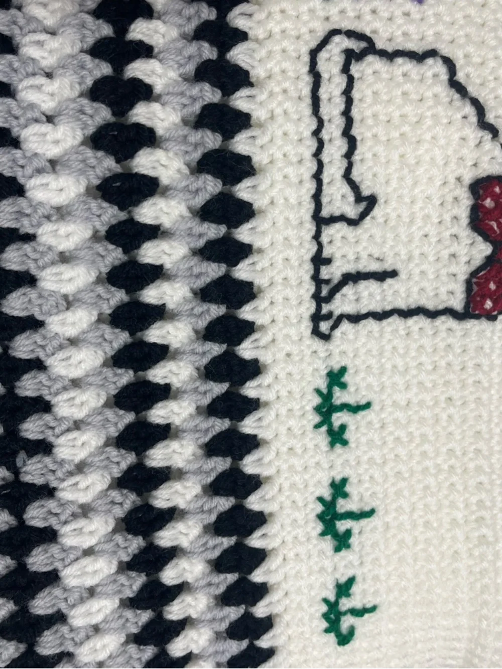 Granny Handmade Crochet Blanket White, Black and Gray Embroidered White Cat